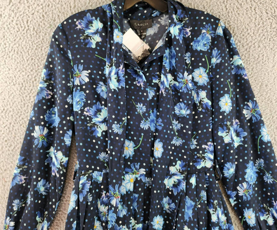 Gracia Belted Mini Dress Women's S Black Multi Floral Scarf Neck Long Sleeve