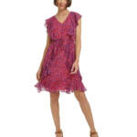 Tommy Hilfiger Ruffled Chiffon Fit & Flare Dress Women's 16 Multi Vneck Back Zip