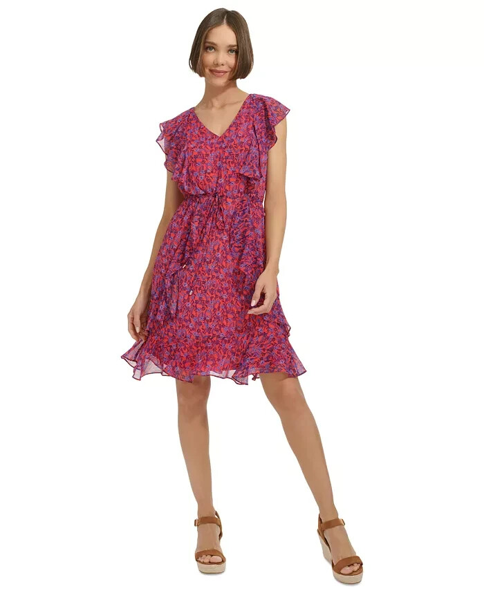 Tommy Hilfiger Ruffled Chiffon Fit & Flare Dress Women's 16 Multi Vneck Back Zip
