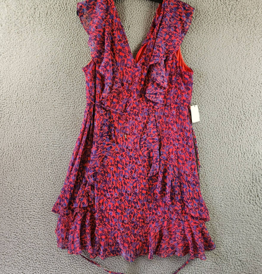 Tommy Hilfiger Ruffled Chiffon Fit & Flare Dress Women's 16 Multi Vneck Back Zip