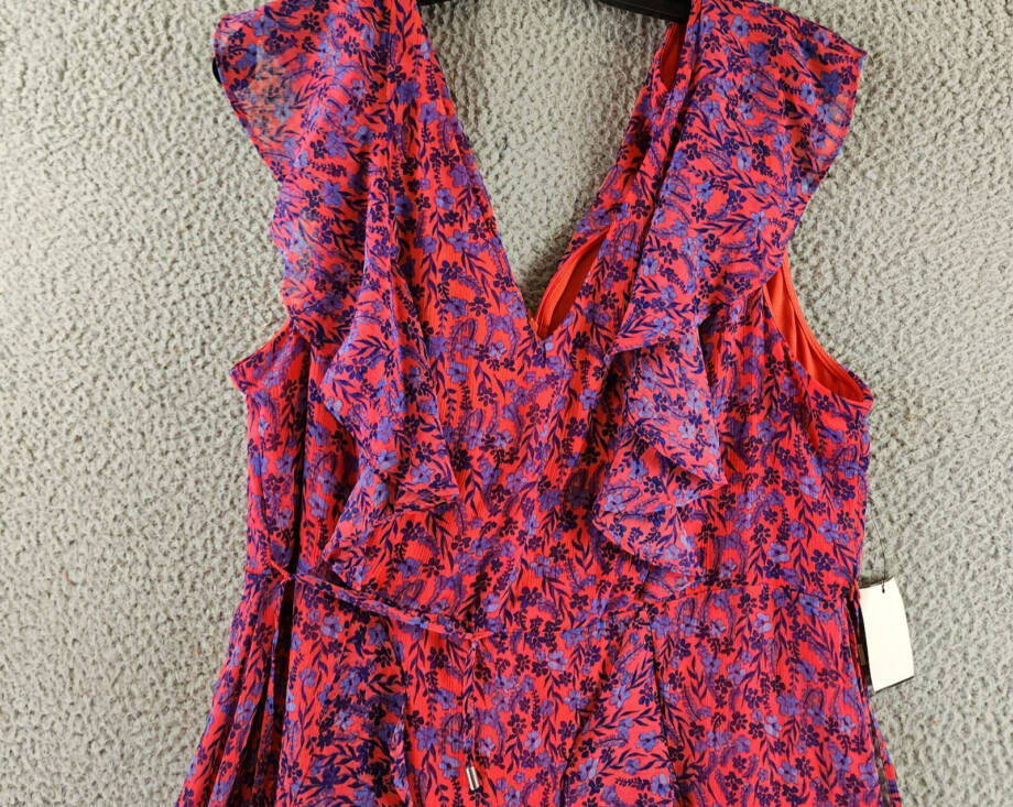 Tommy Hilfiger Ruffled Chiffon Fit & Flare Dress Women's 16 Multi Vneck Back Zip