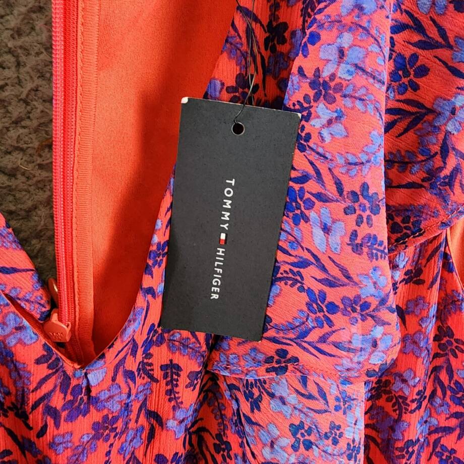 Tommy Hilfiger Ruffled Chiffon Fit & Flare Dress Women's 16 Multi Vneck Back Zip