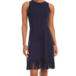 Karen Kane Fringe Hemline Dress Women's XS Navy Round Neck Pullover Style