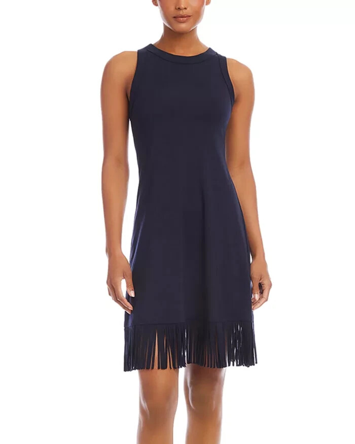 Karen Kane Fringe Hemline Dress Women's XS Navy Round Neck Pullover Style