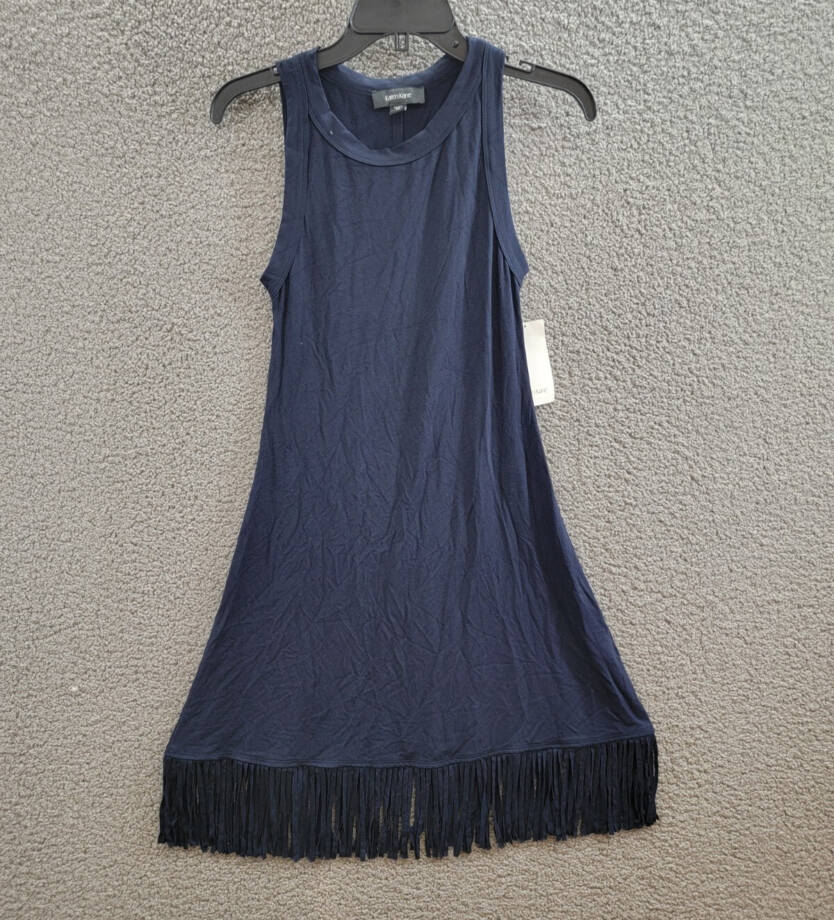 Karen Kane Fringe Hemline Dress Women's XS Navy Round Neck Pullover Style