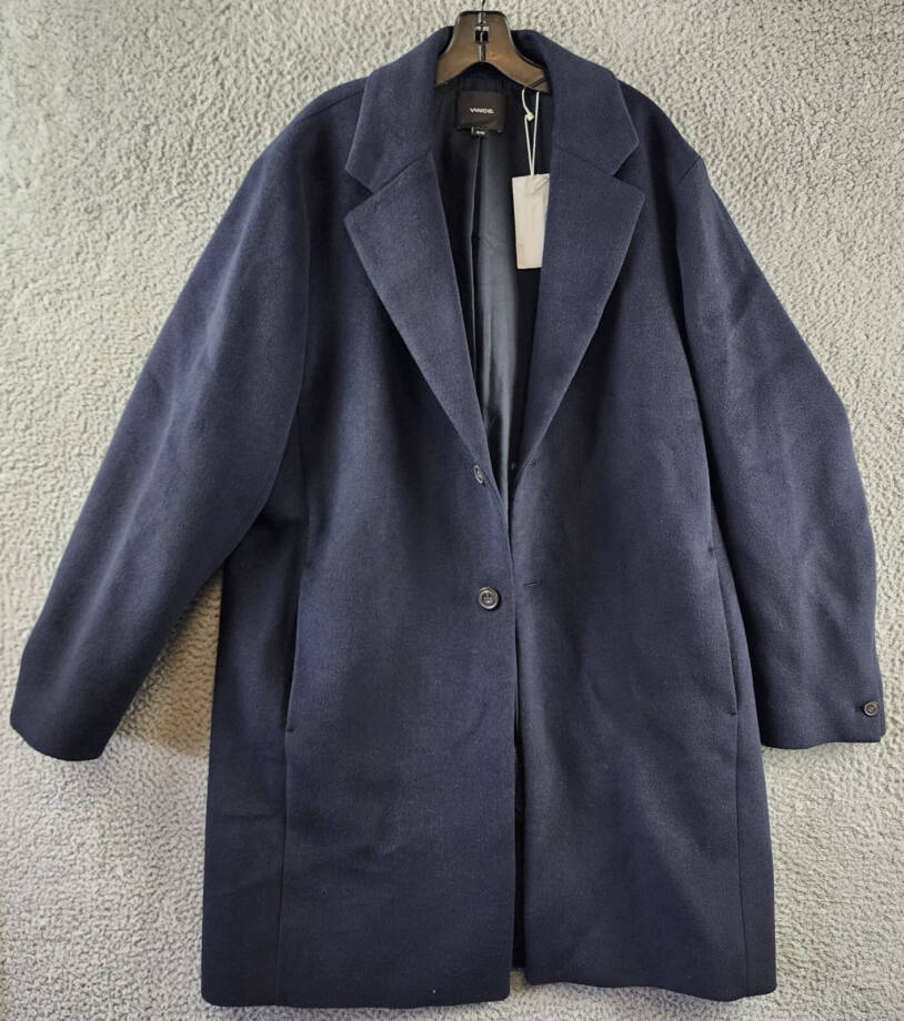 Vince Classic Button Front Overcoat Men's XL Dark Navy Notch Lapel Side Pockets