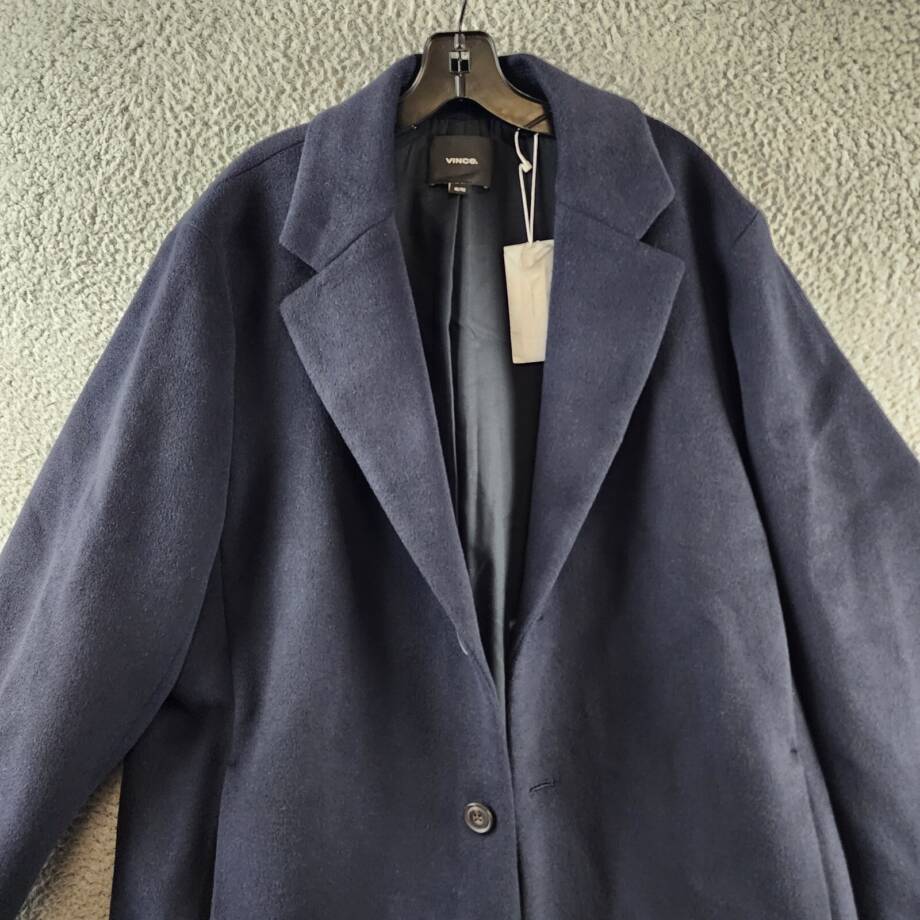 Vince Classic Button Front Overcoat Men's XL Dark Navy Notch Lapel Side Pockets