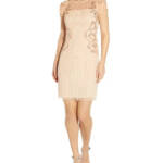 Papell Studio Beaded Cocktail Dress Women's 10 Beige Boat Neck Back Zip Closure