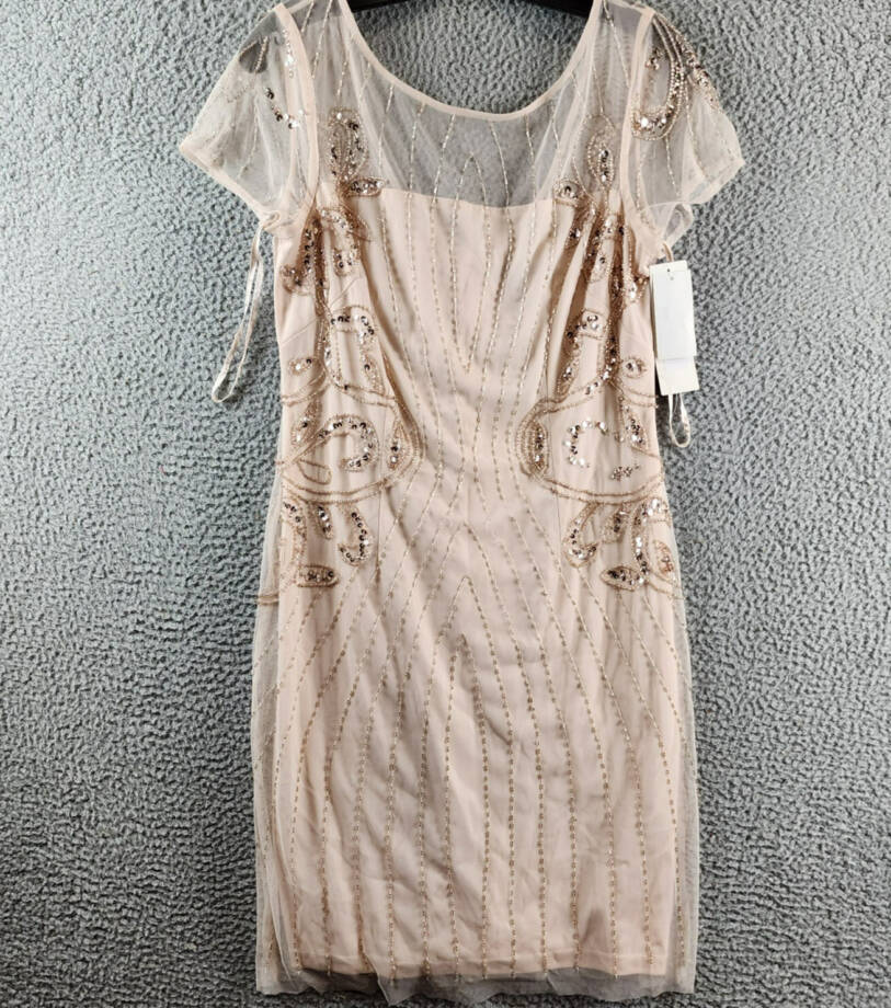 Papell Studio Beaded Cocktail Dress Women's 10 Beige Boat Neck Back Zip Closure