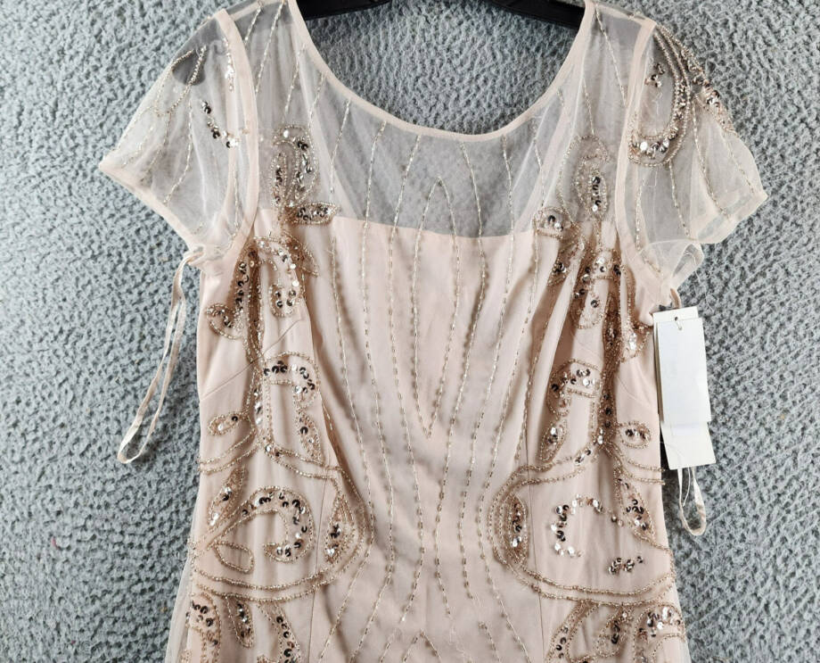 Papell Studio Beaded Cocktail Dress Women's 10 Beige Boat Neck Back Zip Closure