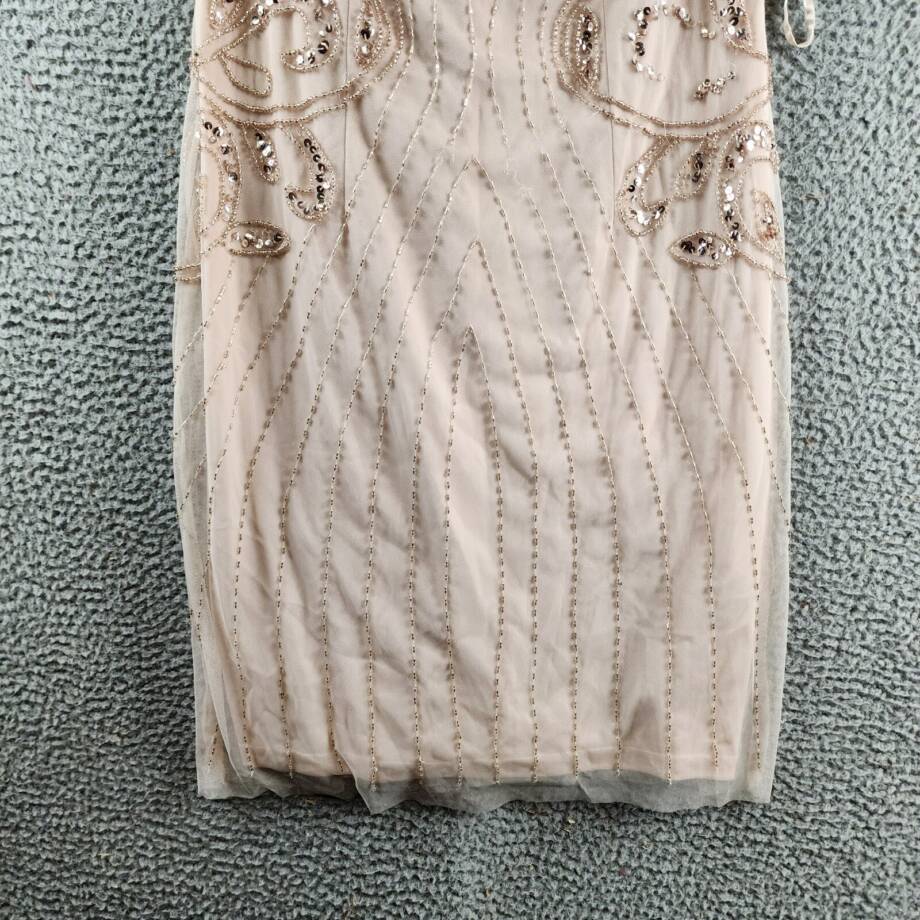 Papell Studio Beaded Cocktail Dress Women's 10 Beige Boat Neck Back Zip Closure