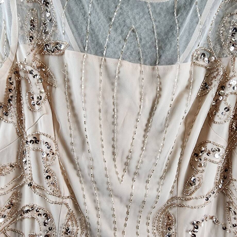 Papell Studio Beaded Cocktail Dress Women's 10 Beige Boat Neck Back Zip Closure