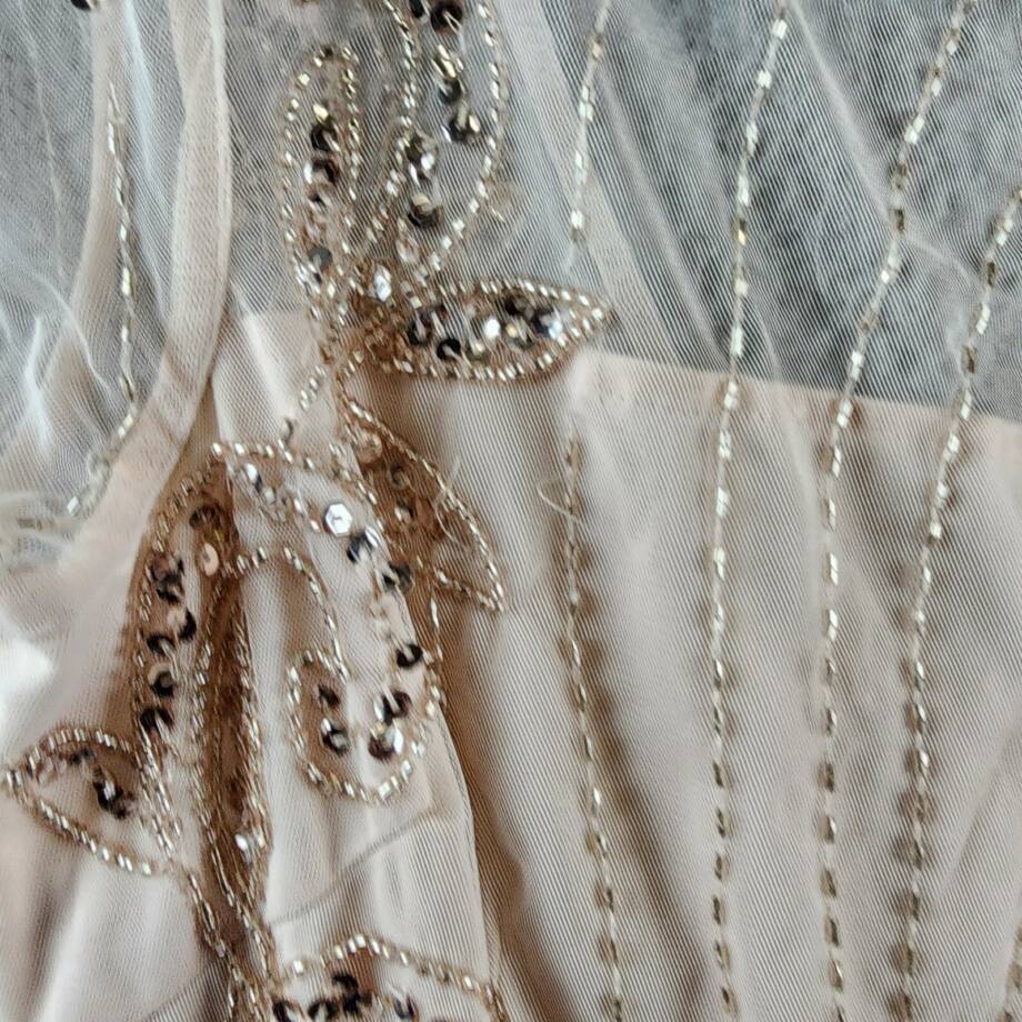 Papell Studio Beaded Cocktail Dress Women's 10 Beige Boat Neck Back Zip Closure