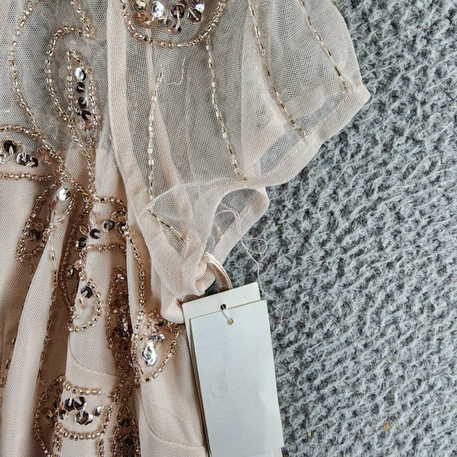 Papell Studio Beaded Cocktail Dress Women's 10 Beige Boat Neck Back Zip Closure