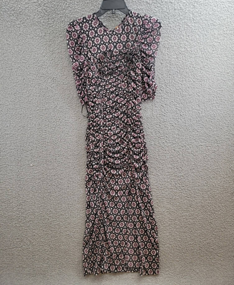 Free People Briella Floral Ruched Midi Dress Women's M Black Scoop Neck Pullover