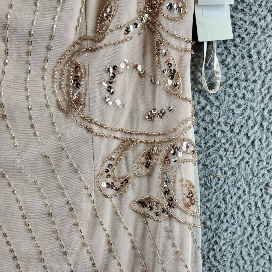 Papell Studio Beaded Cocktail Dress Women's 10 Beige Boat Neck Back Zip Closure