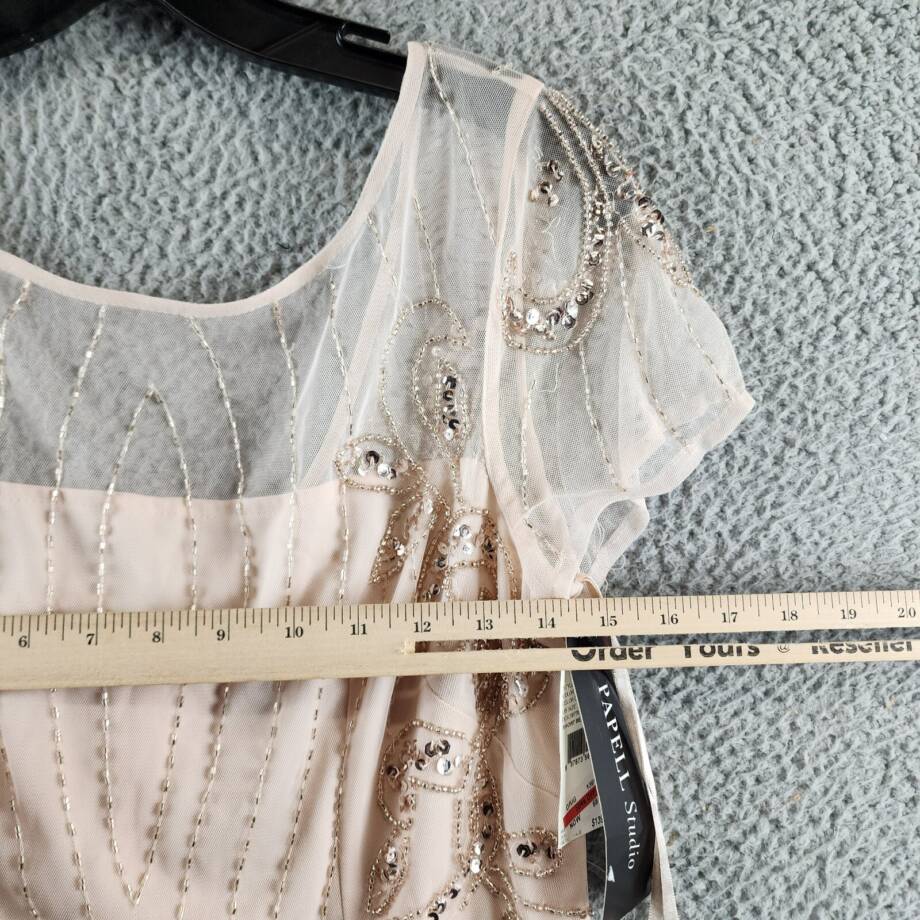 Papell Studio Beaded Cocktail Dress Women's 10 Beige Boat Neck Back Zip Closure