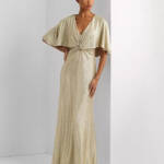 Lauren Ralph Lauren Twist-Front Cape-Overlay Gown Women's 8 Winter Cream V-Neck