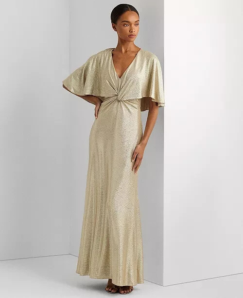Lauren Ralph Lauren Twist-Front Cape-Overlay Gown Women's 8 Winter Cream V-Neck