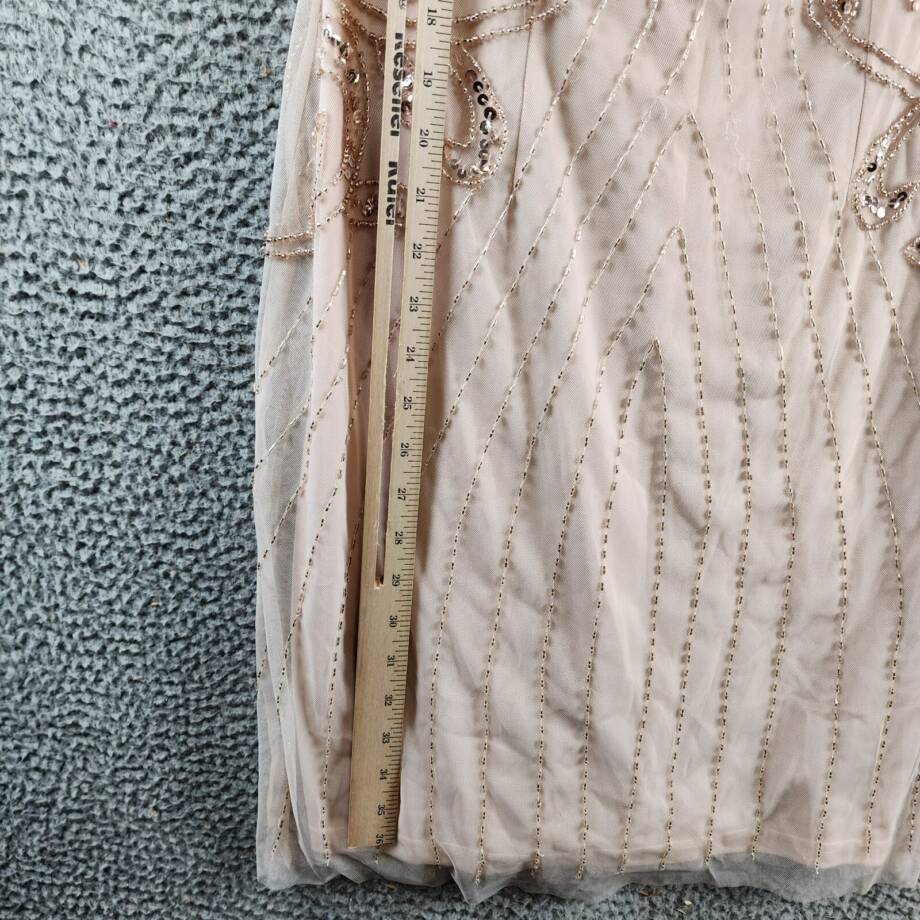 Papell Studio Beaded Cocktail Dress Women's 10 Beige Boat Neck Back Zip Closure