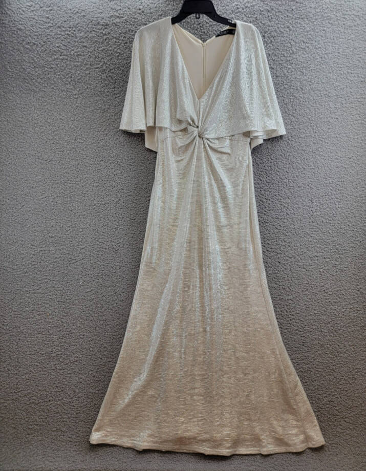 Lauren Ralph Lauren Twist-Front Cape-Overlay Gown Women's 8 Winter Cream V-Neck