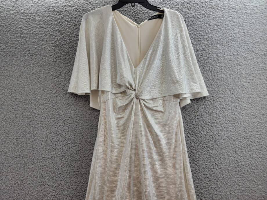 Lauren Ralph Lauren Twist-Front Cape-Overlay Gown Women's 8 Winter Cream V-Neck