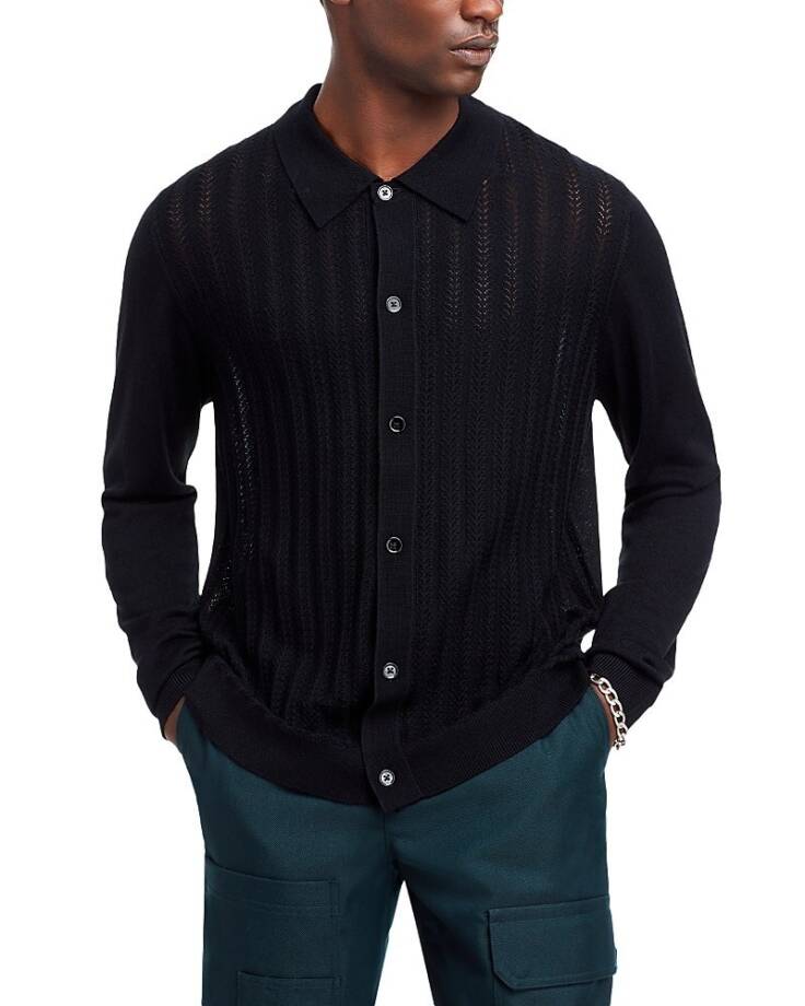 NN07 Spread Collar Knit Wool Blend Cardigan Sweater Men XL Black Button Closure