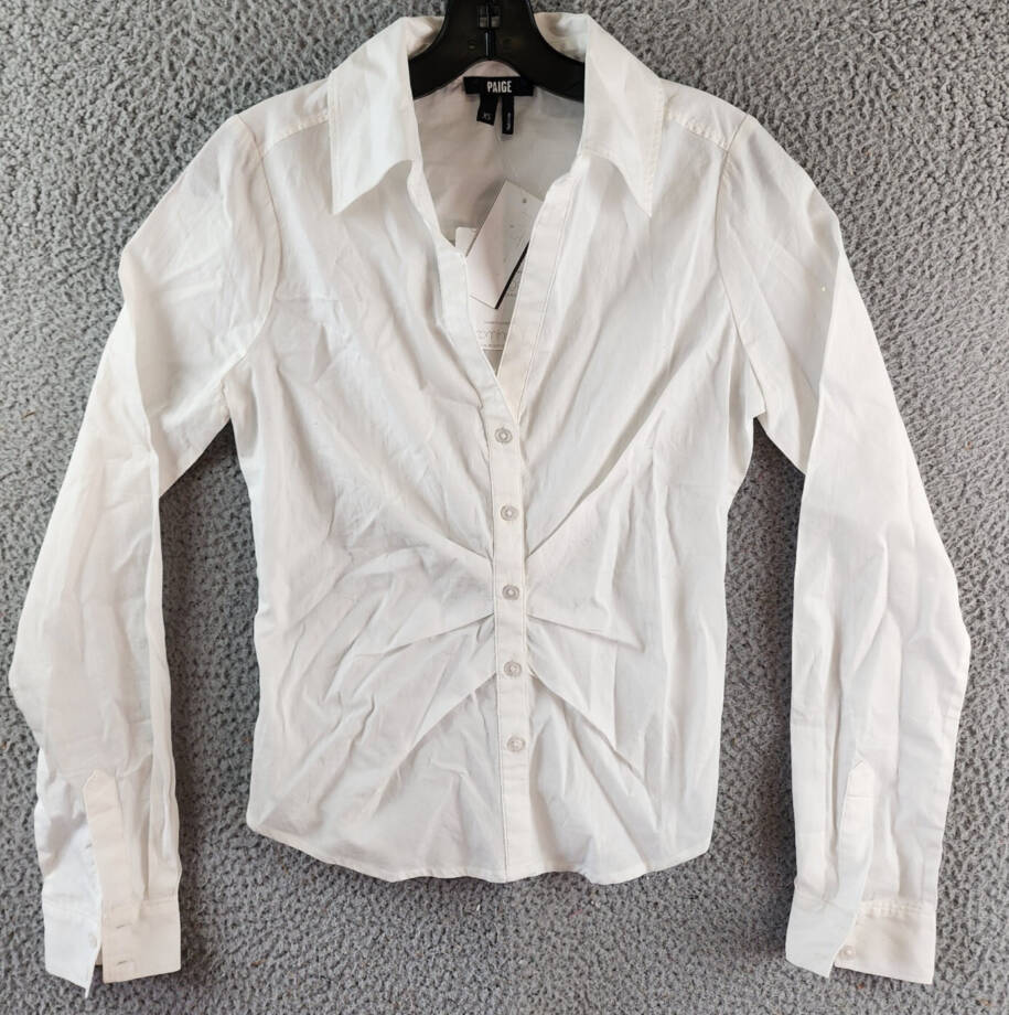 PAIGE Alera Ruched Button Front Top Women's XS White Point Collar Long Sleeves~