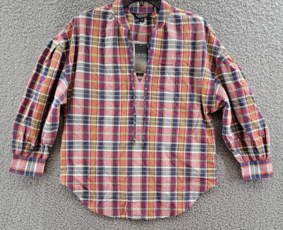 Lauren Ralph Lauren Madras Tie-Neck Blouse Women's S Multi Split Neck Pullover