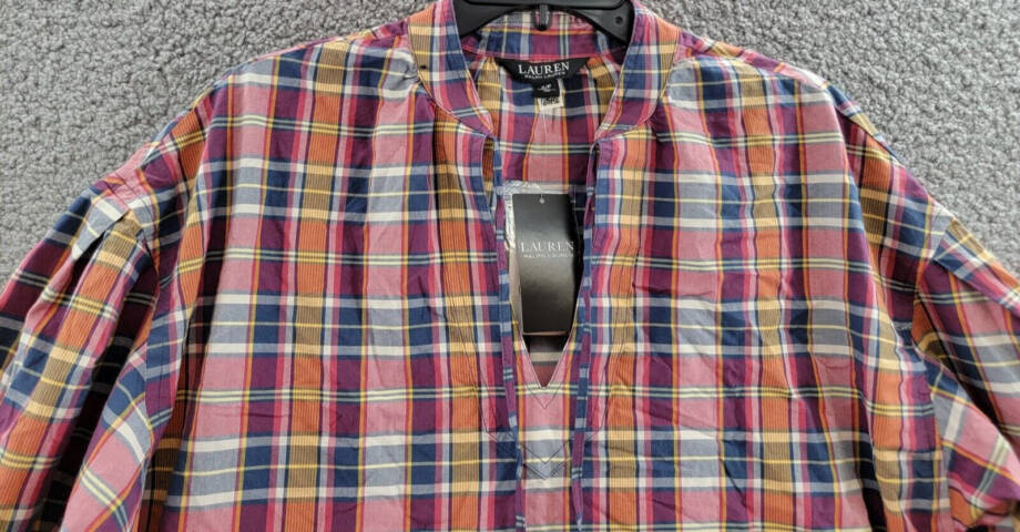 Lauren Ralph Lauren Madras Tie-Neck Blouse Women's S Multi Split Neck Pullover