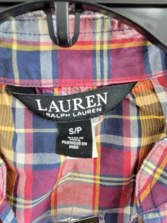 Lauren Ralph Lauren Madras Tie-Neck Blouse Women's S Multi Split Neck Pullover