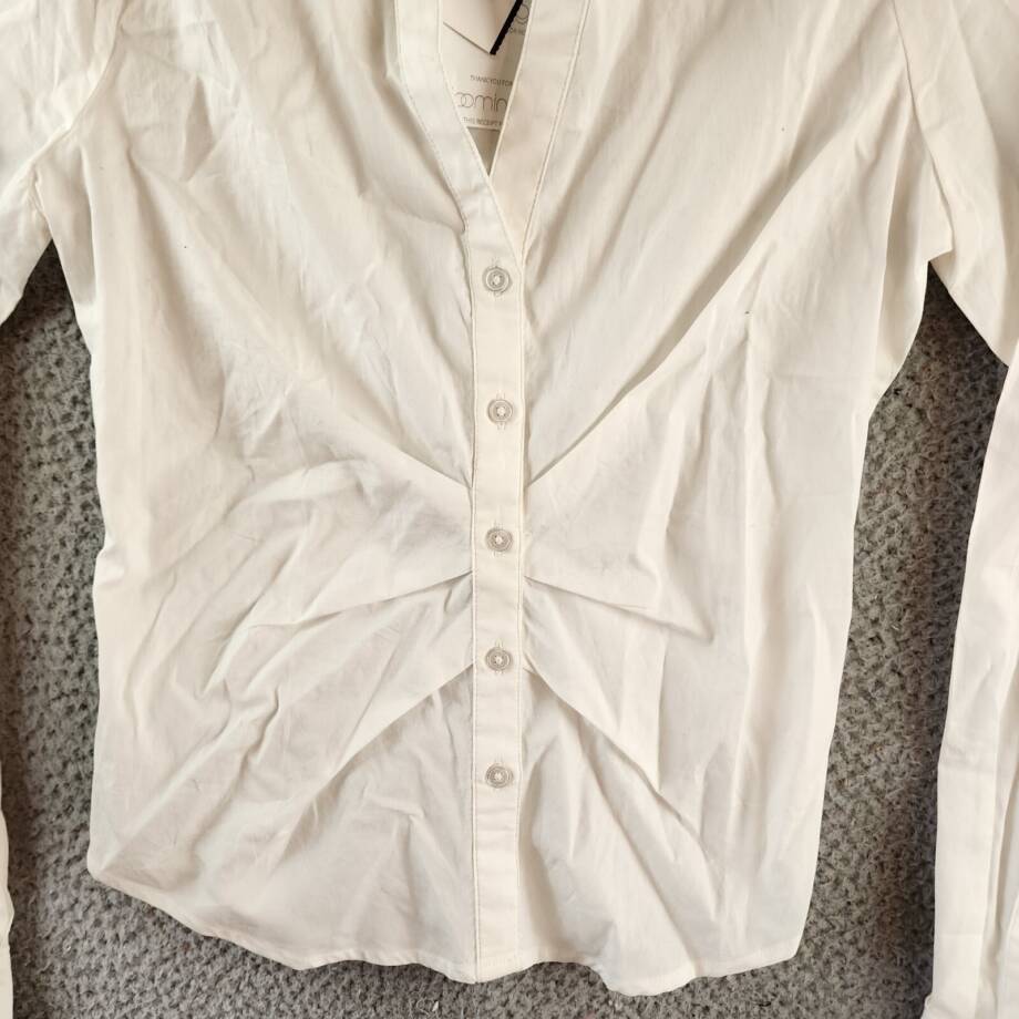 PAIGE Alera Ruched Button Front Top Women's XS White Point Collar Long Sleeves~