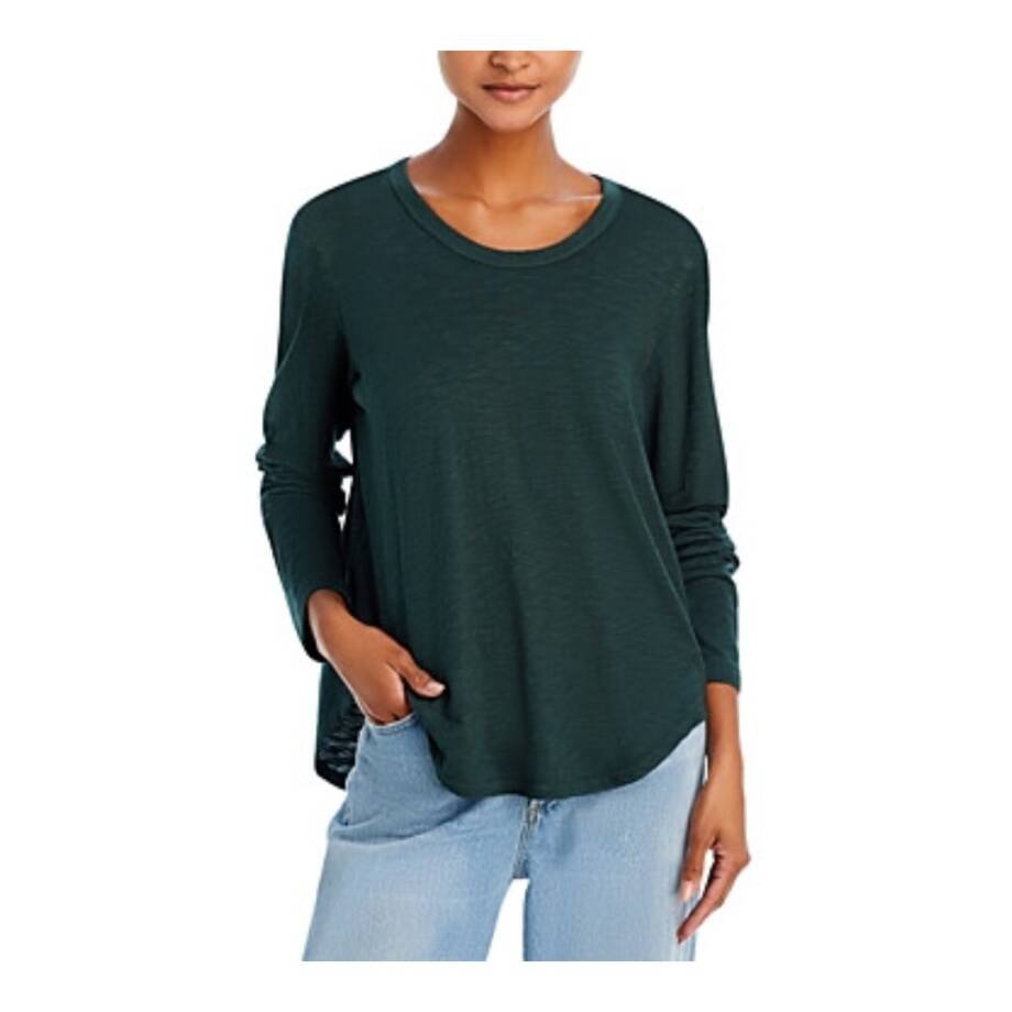 Wilt Long Sleeve Tee Women's XS Pine Solid Round Neck Ribbed Trim Pullover~