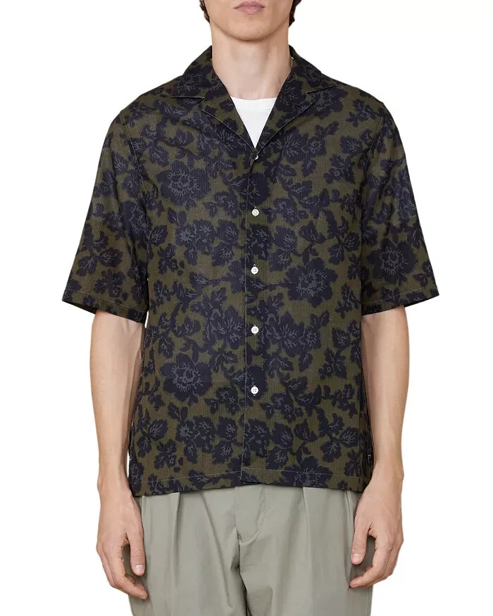 Officine Générale Eren Textured Printed Button Up Camp Shirt Men's L Olive Green
