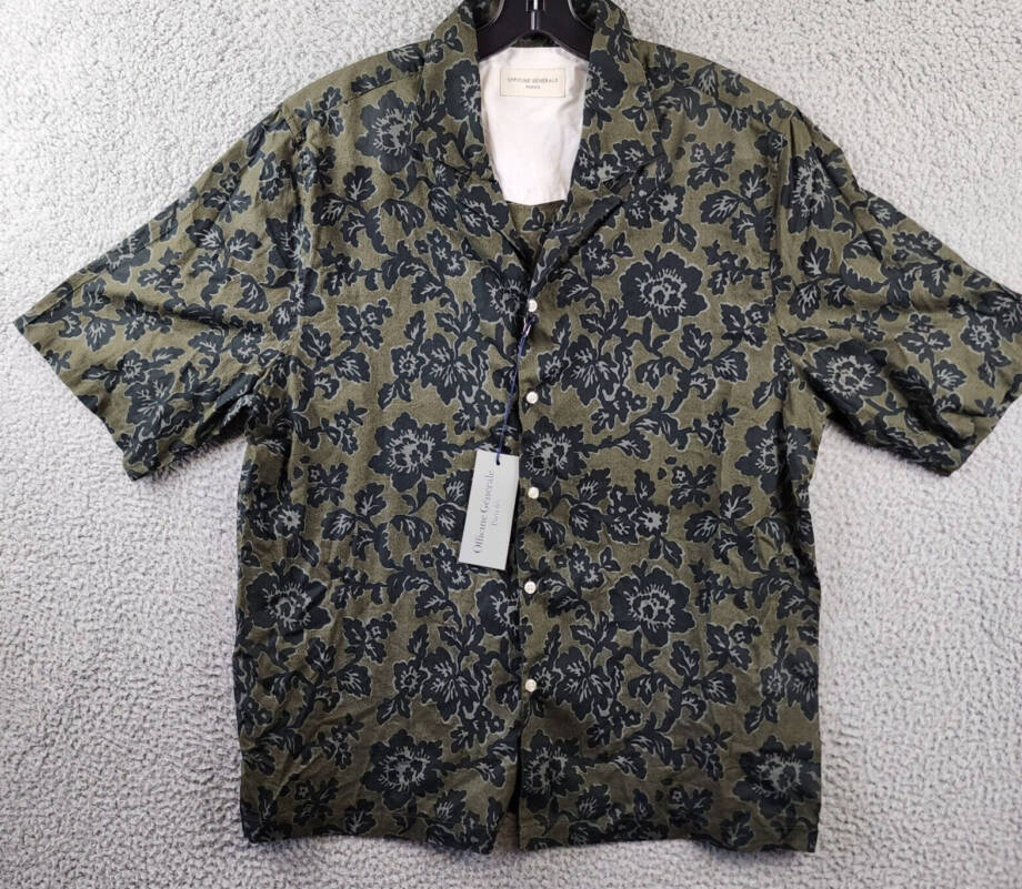 Officine Générale Eren Textured Printed Button Up Camp Shirt Men's L Olive Green