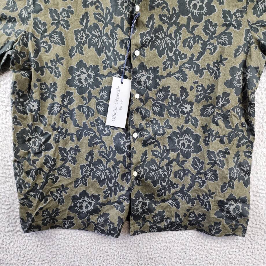 Officine Générale Eren Textured Printed Button Up Camp Shirt Men's L Olive Green