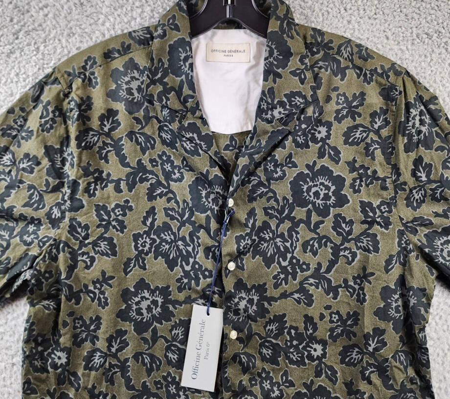 Officine Générale Eren Textured Printed Button Up Camp Shirt Men's L Olive Green