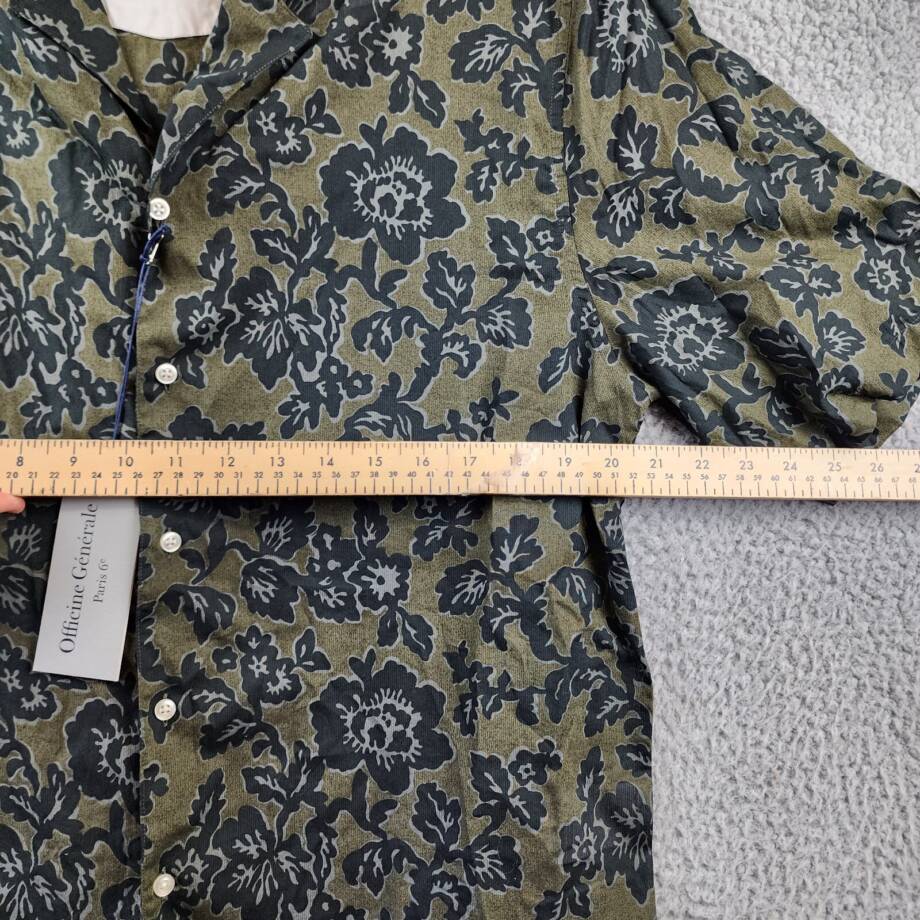 Officine Générale Eren Textured Printed Button Up Camp Shirt Men's L Olive Green
