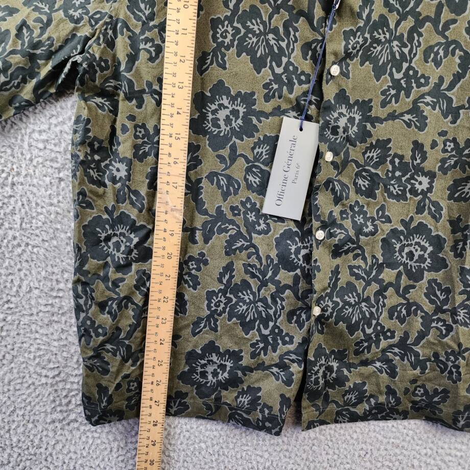 Officine Générale Eren Textured Printed Button Up Camp Shirt Men's L Olive Green