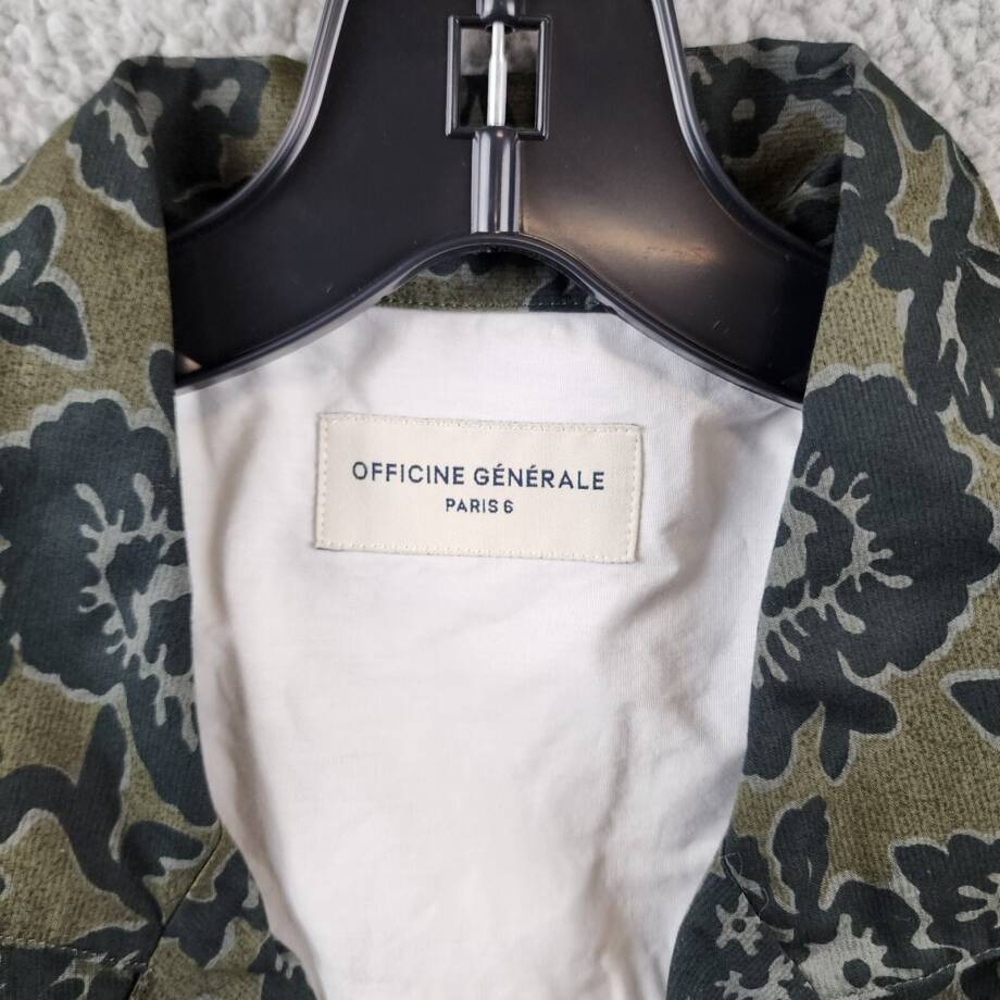 Officine Générale Eren Textured Printed Button Up Camp Shirt Men's L Olive Green