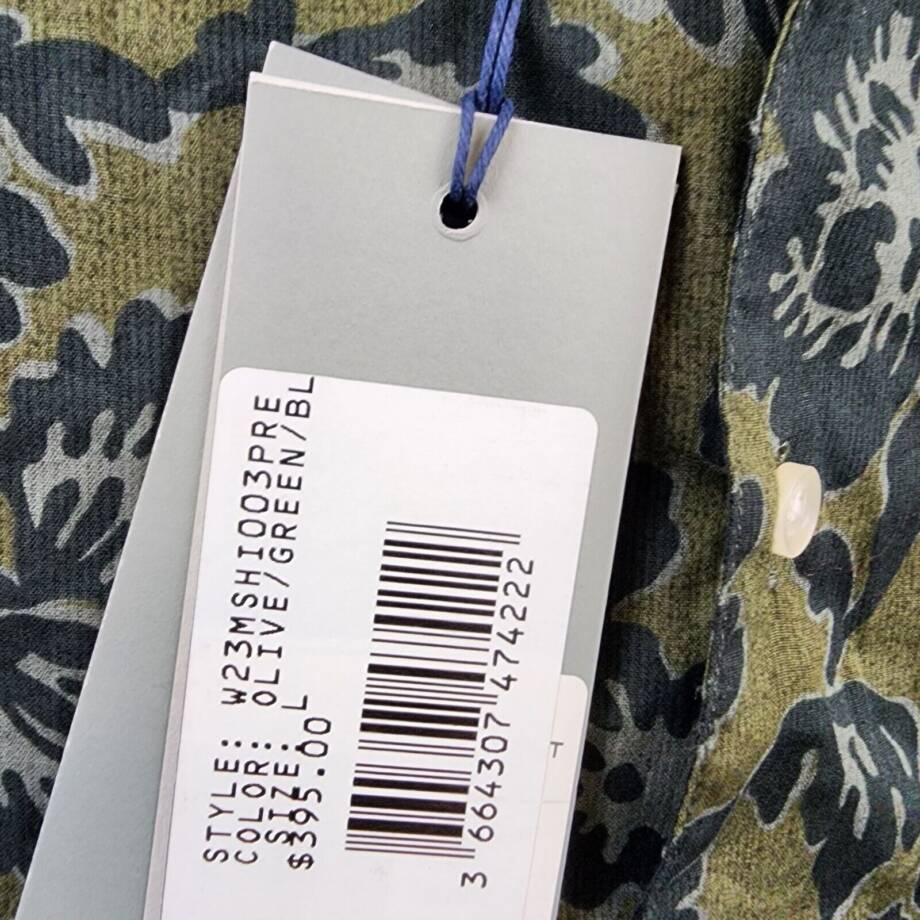 Officine Générale Eren Textured Printed Button Up Camp Shirt Men's L Olive Green