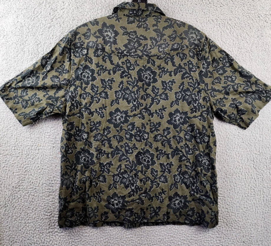 Officine Générale Eren Textured Printed Button Up Camp Shirt Men's L Olive Green