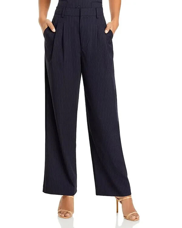 Wayf Wilson Pleated Wide Leg Pants Women's L Ink Pinstriped Hook & Bar Closure