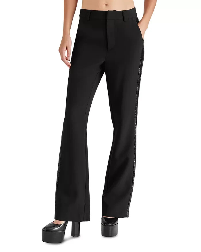STEVE MADDEN Waverly Sequin Stripe Kick Flare Pants Women's S Black Zip Hook&Bar