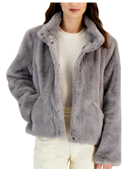 Maralyn & Me Reversible Faux Fur Coat Juniors S Gray Stand Collar Side Pockets