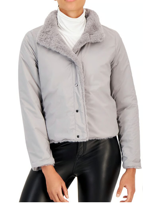 Maralyn & Me Reversible Faux Fur Coat Juniors S Gray Stand Collar Side Pockets