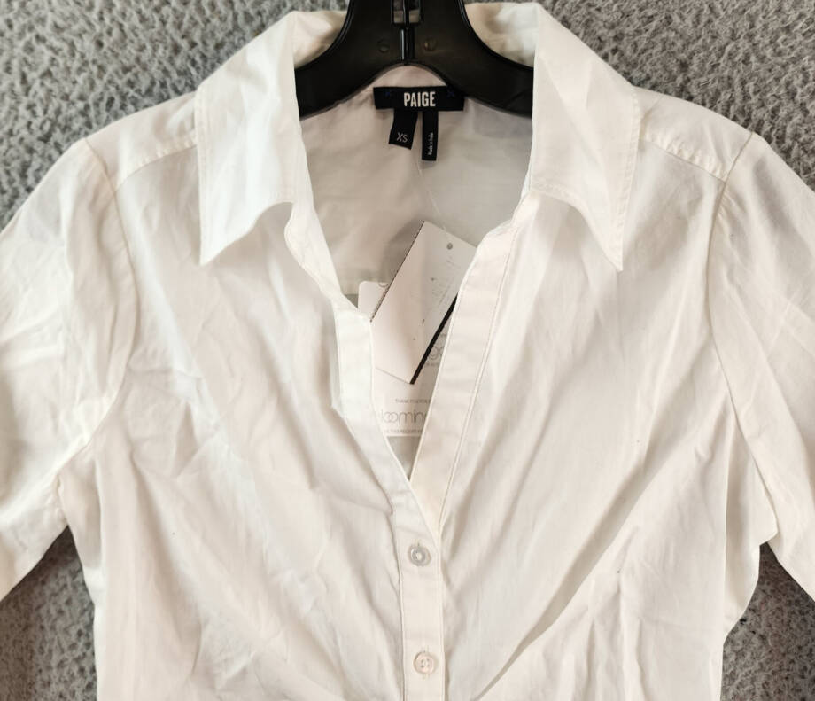 PAIGE Alera Ruched Button Front Top Women's XS White Point Collar Long Sleeves~