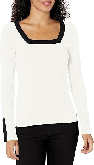 KARL LAGERFELD PARIS Square-Neck Contrast-Trim Sweater Women's XS White/Black