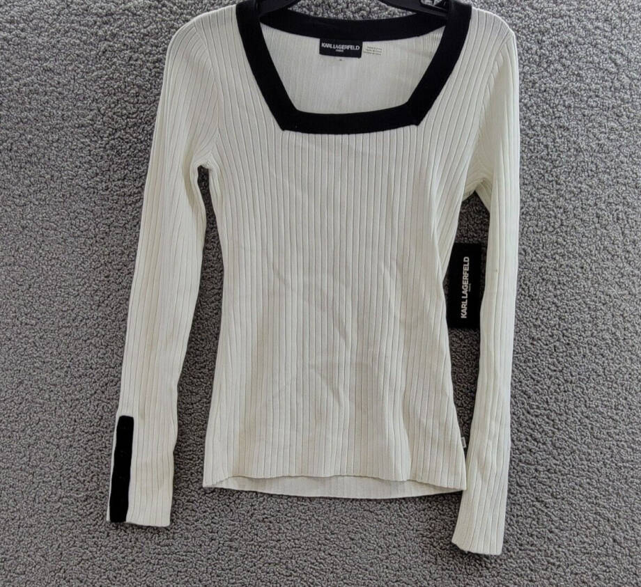 KARL LAGERFELD PARIS Square-Neck Contrast-Trim Sweater Women's XS White/Black