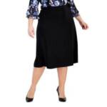 Kasper Plus Size Pull On Knit Midi Skirt Women's 1X Black Solid Elastic Waist